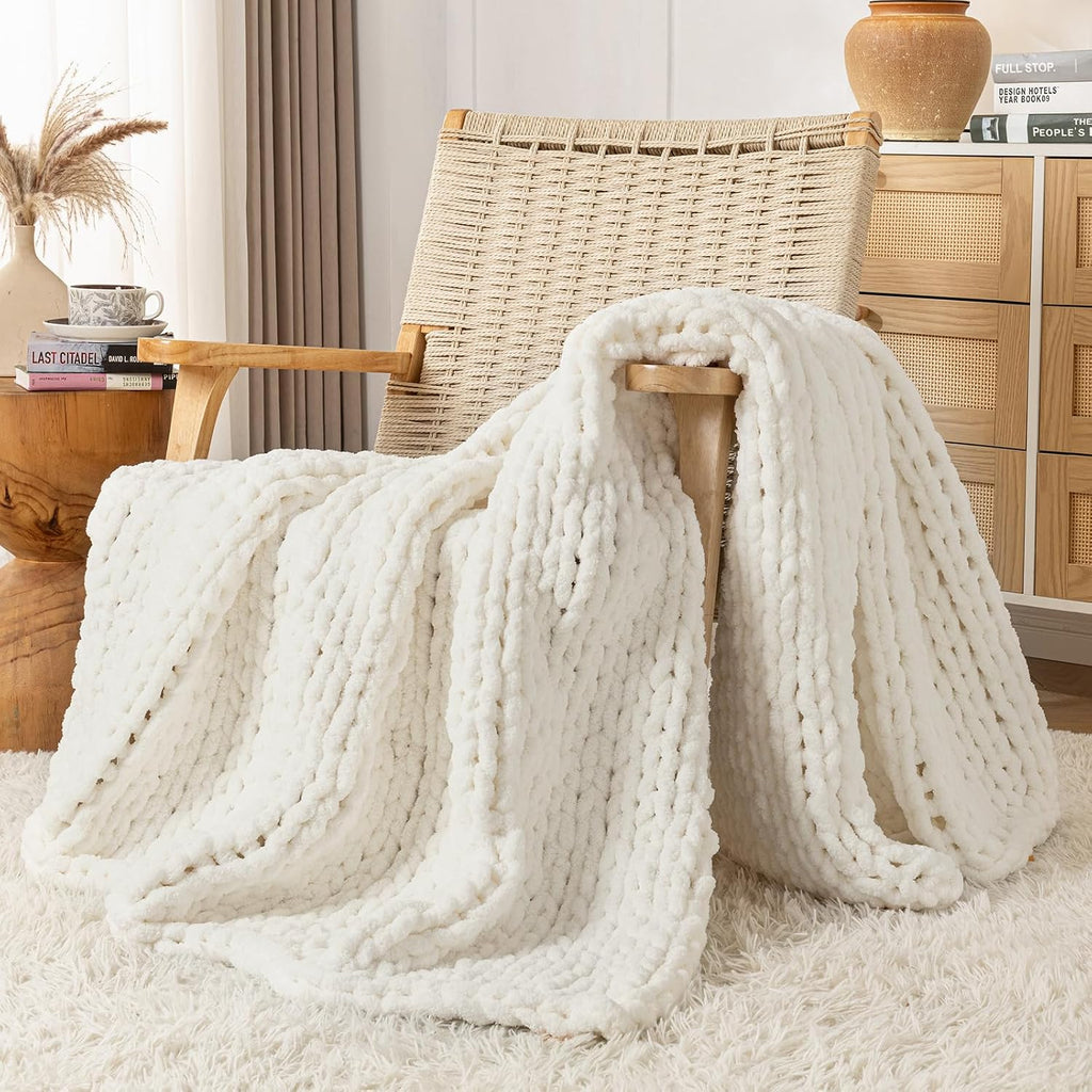Ivory Handmade Cable Knit Chenille Throw Blanket 50x60