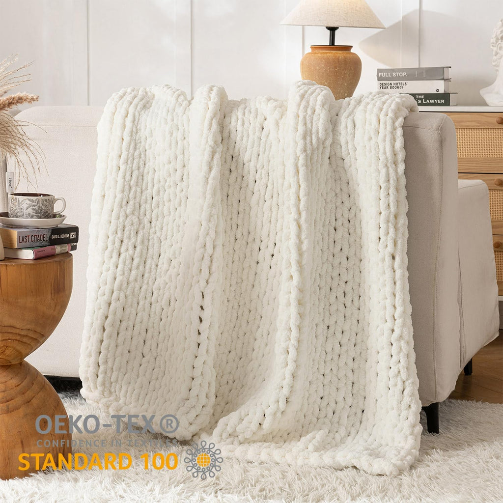 Ivory Handmade Cable Knit Chenille Throw Blanket 50x60