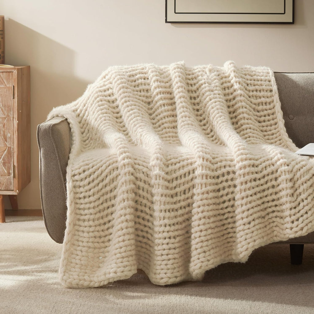 Beige Chunky Knit Soft Throw Blanket 40x50in