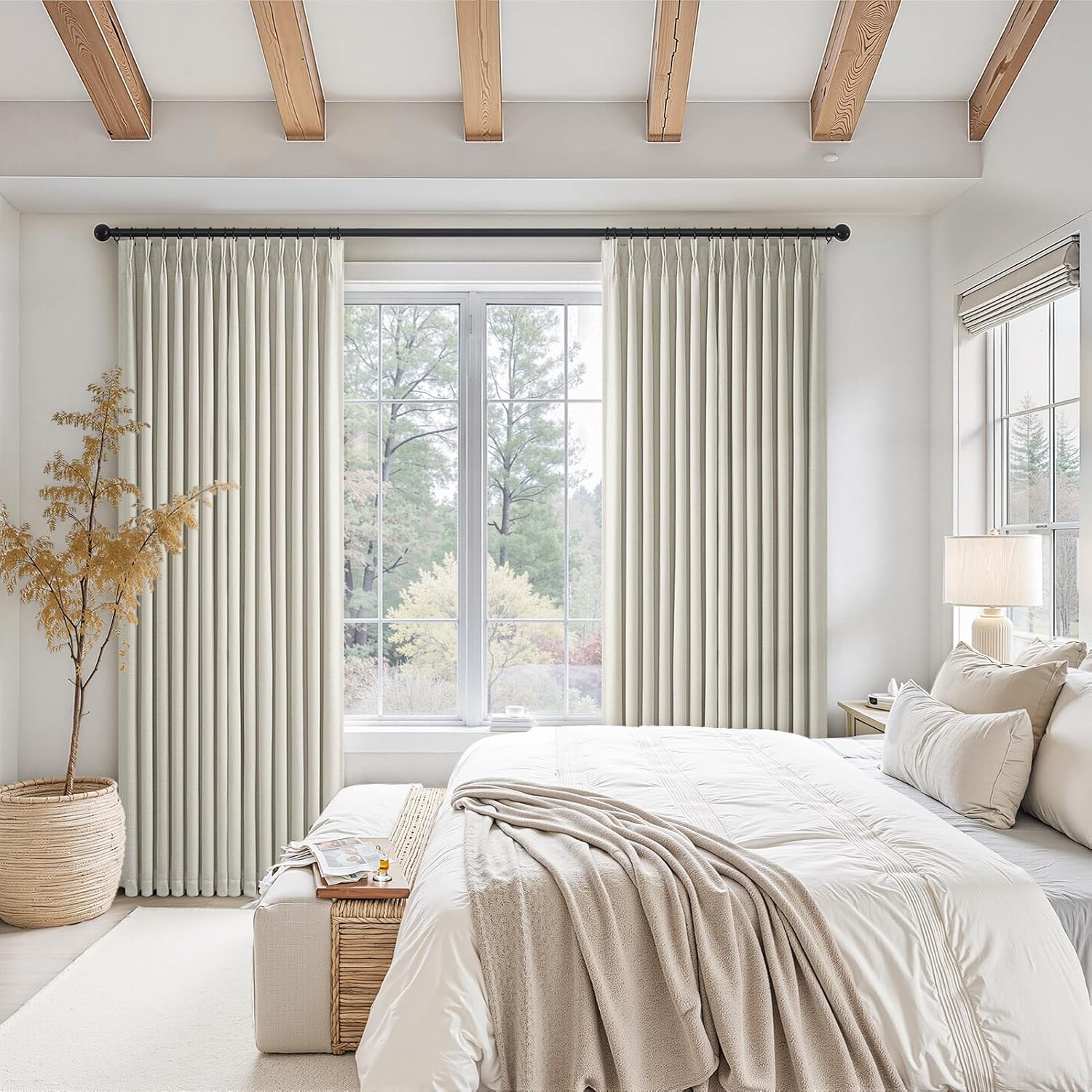 Grey Beige Pinch Pleated Double Layer Blackout Linen Curtains 105in Set of 2