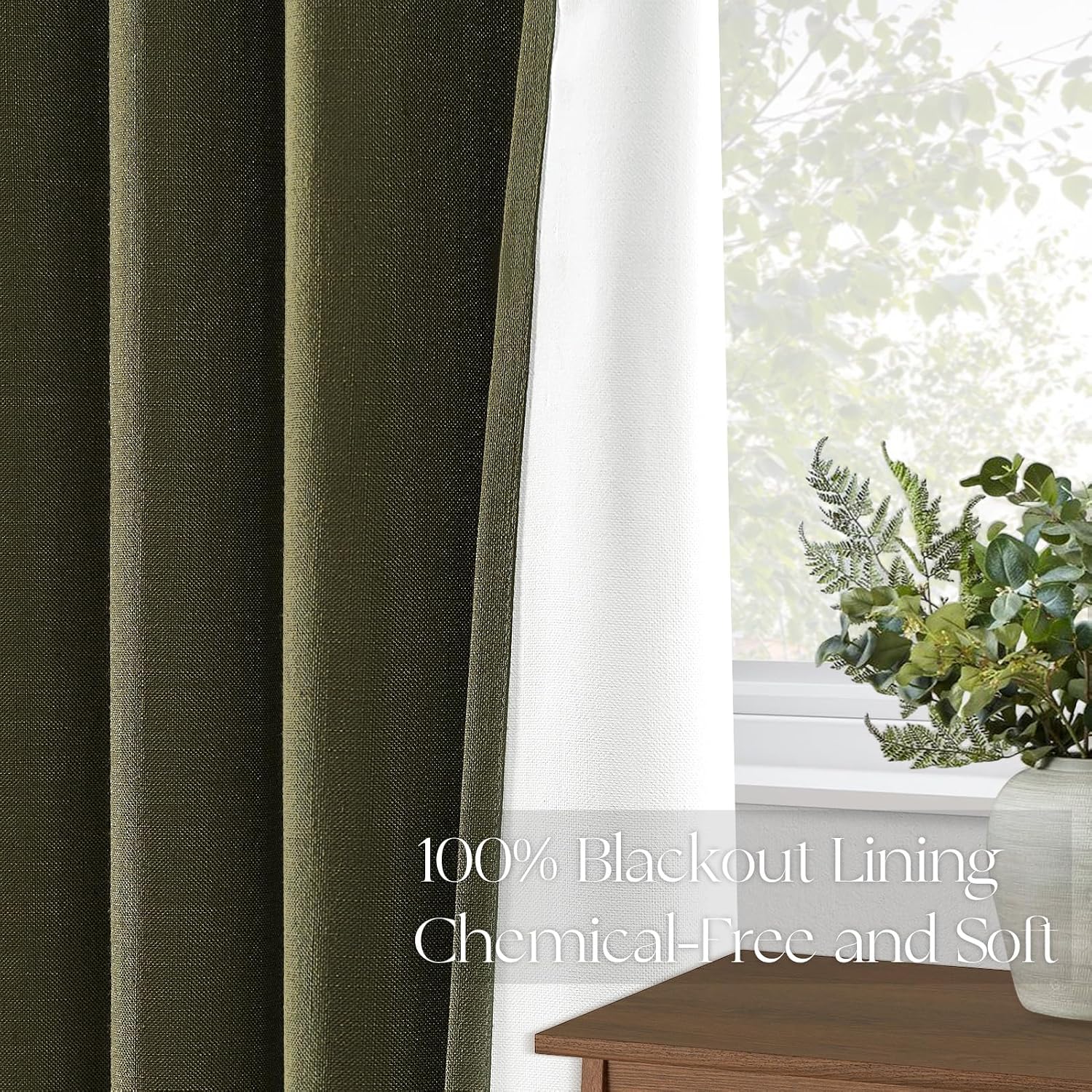 Olive Green Pinch Pleated Blackout Linen Curtains 105in Set of 2