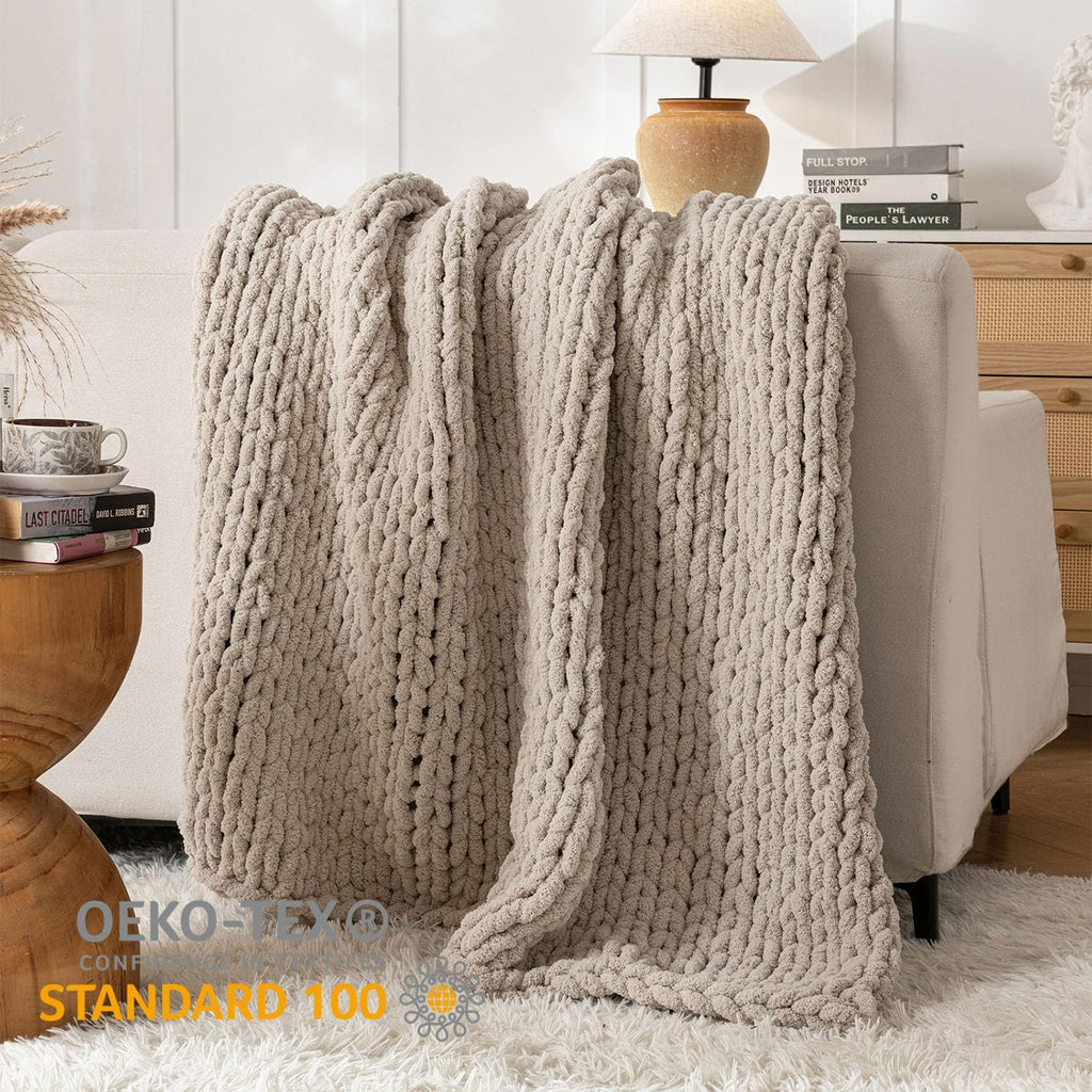 Beige Chenille Cable Knit Throw Blanket 50x60