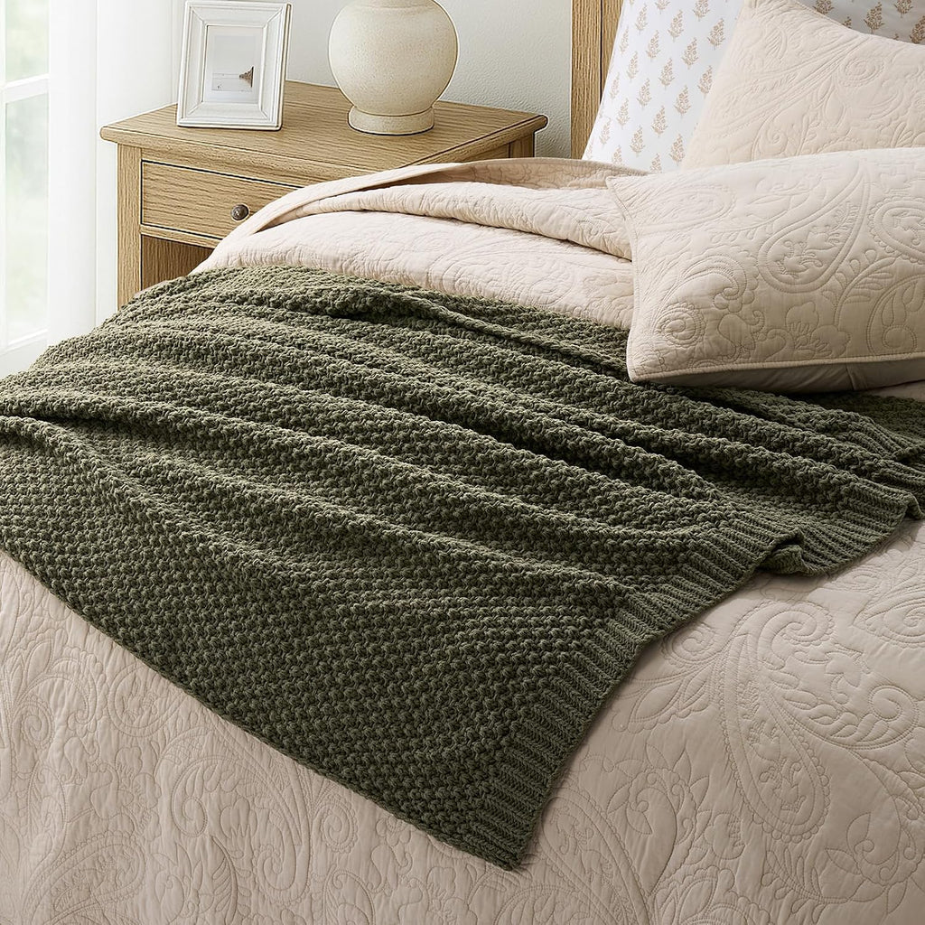 Olive Green Moss Stitch Chunky Chenille Throw Blanket 50x60