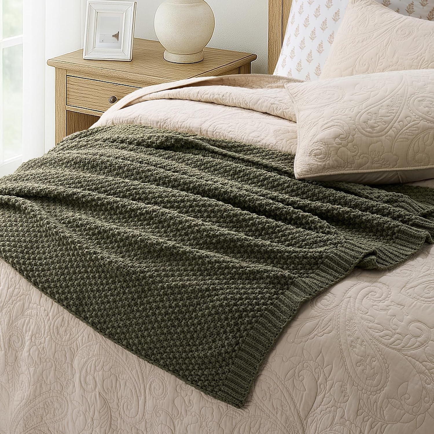 Olive Green Moss Stitch Chunky Chenille Throw Blanket 50x60