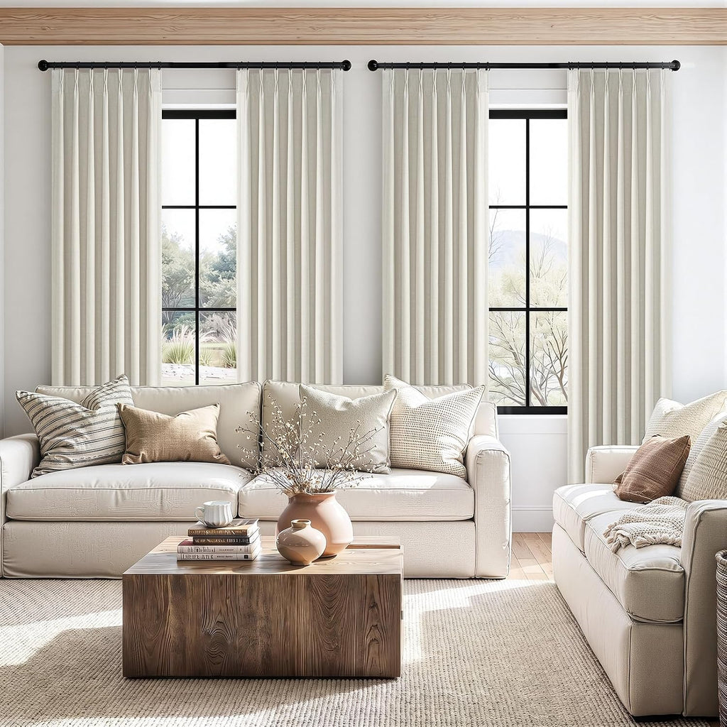 Grey Beige Pinch Pleated Double Layer Blackout Linen Curtains 105in Set of 2