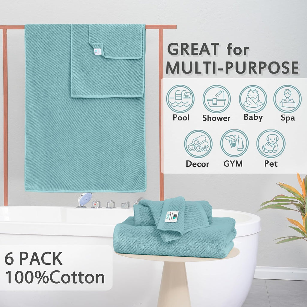 Aqua Teal Soft Quick Dry 6-Piece Cotton Towel Set