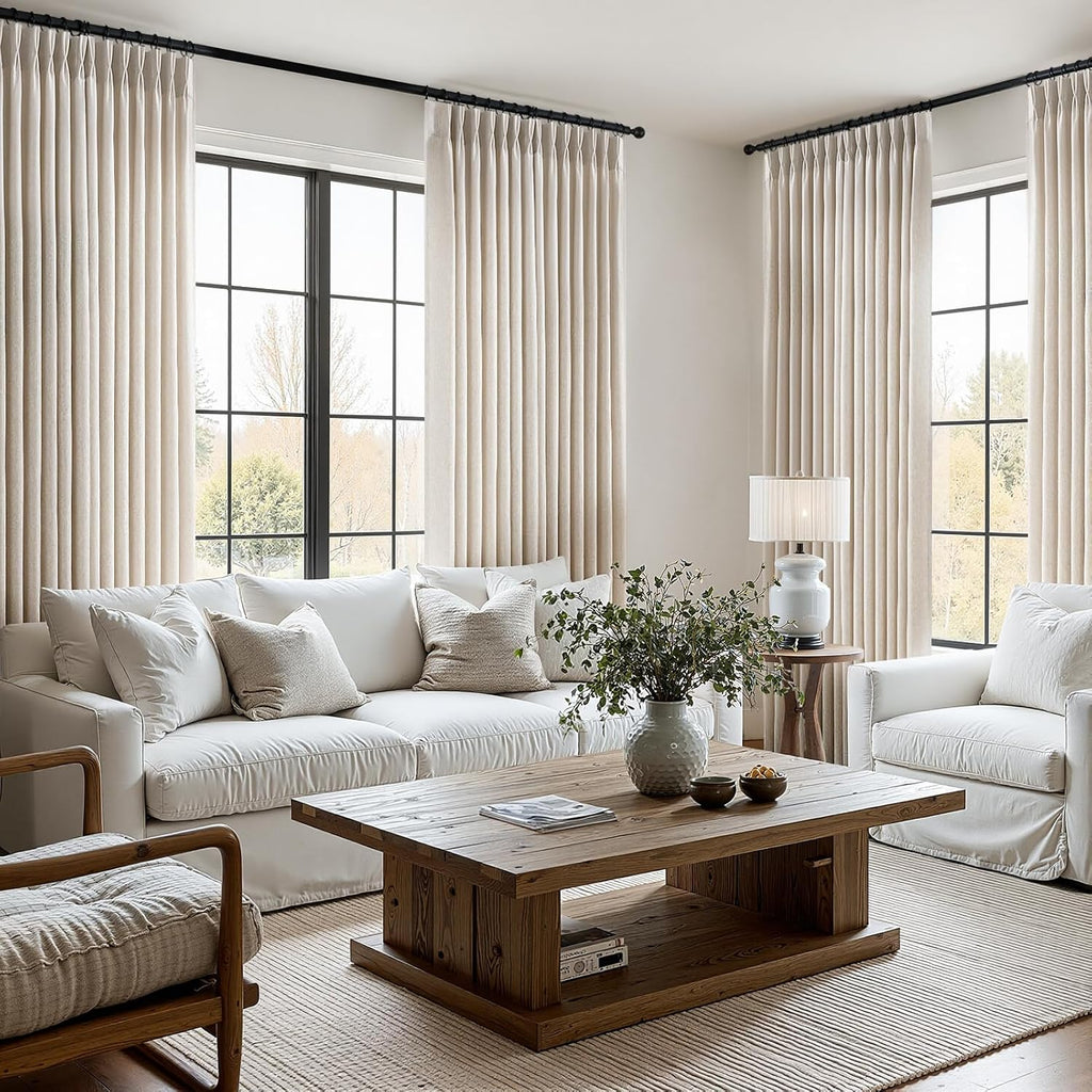 Natural Linen Textured Semi Sheer Pinch Pleated Curtains 84in Set of 2