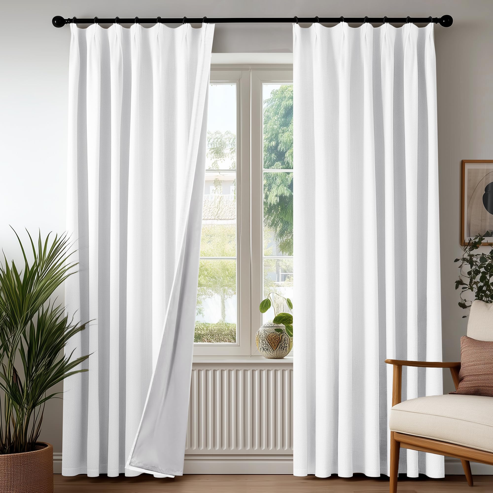 White Pinch Pleated Faux Linen Thermal Curtains 40x90 Set of 2
