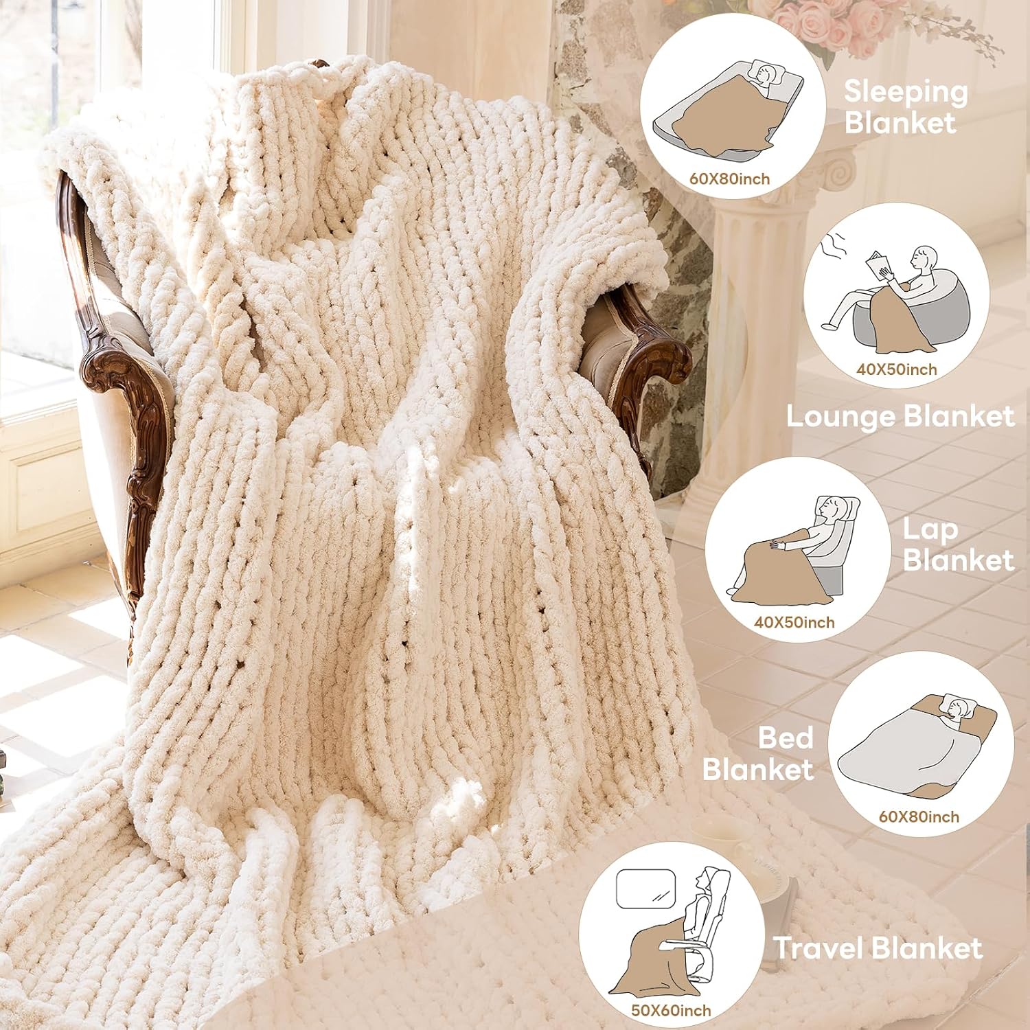 Cream Handmade Chunky Chenille Knit Throw Blanket 60x80