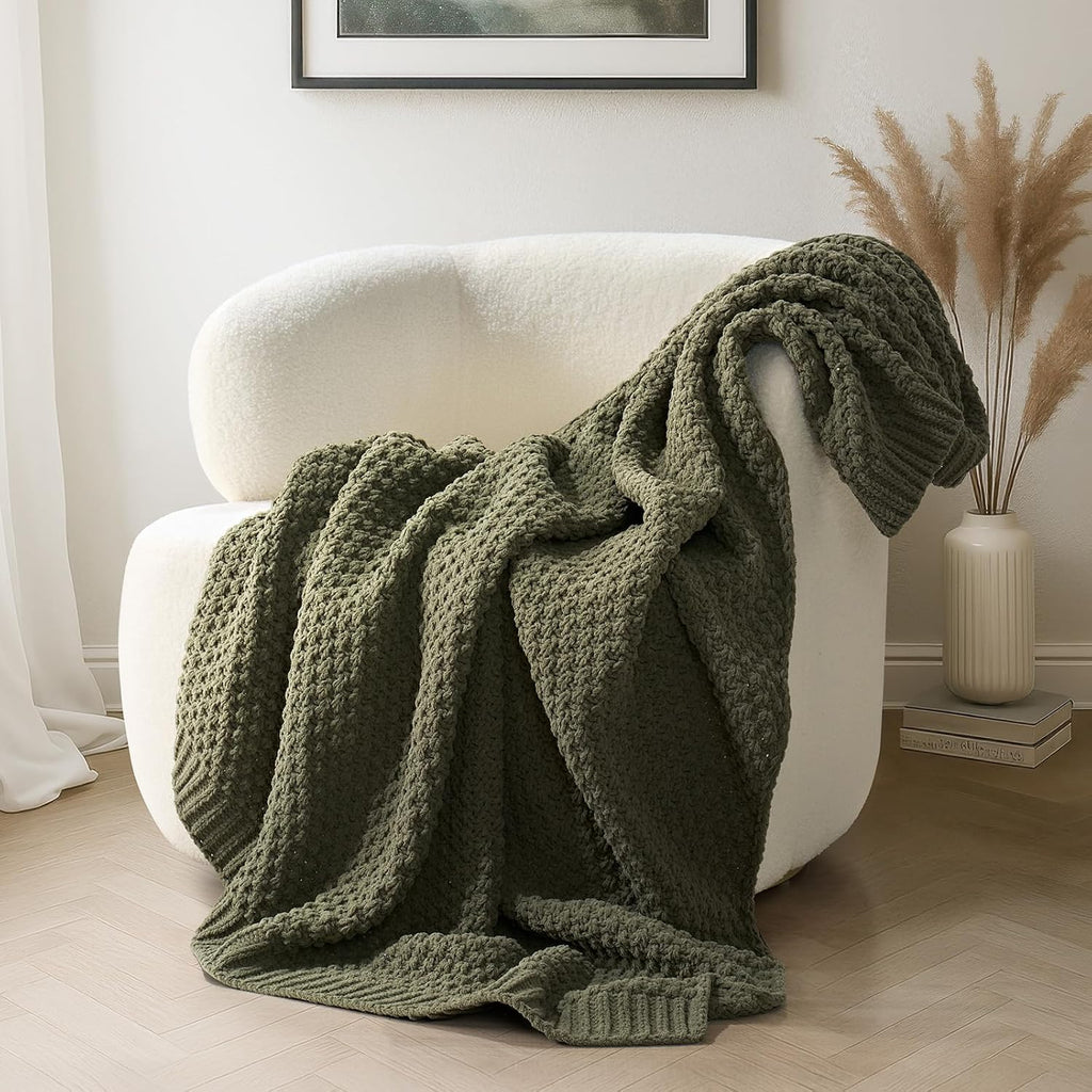 Olive Green Moss Stitch Chunky Chenille Throw Blanket 50x60