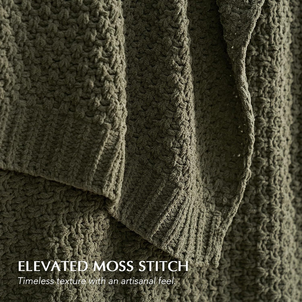 Olive Green Moss Stitch Chunky Chenille Throw Blanket 50x60