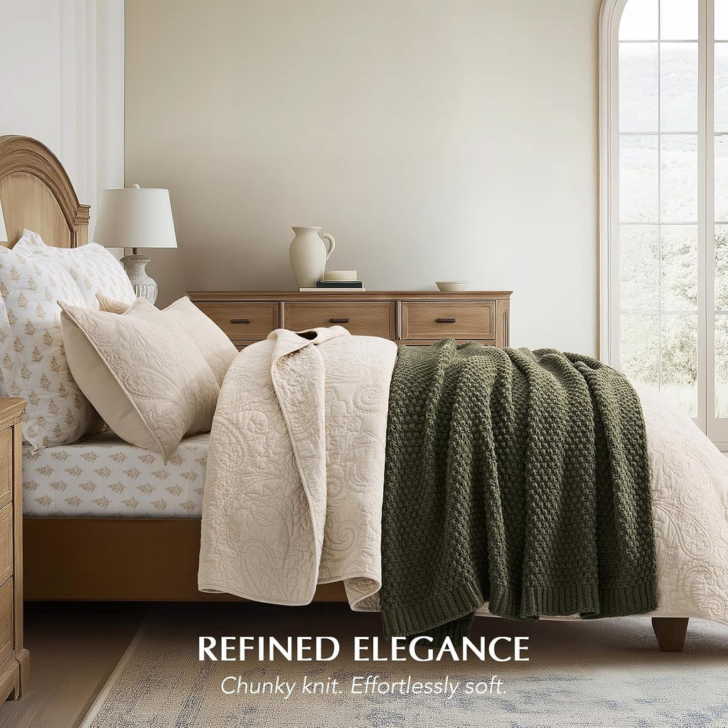 Olive Green Moss Stitch Chunky Chenille Throw Blanket 50x60