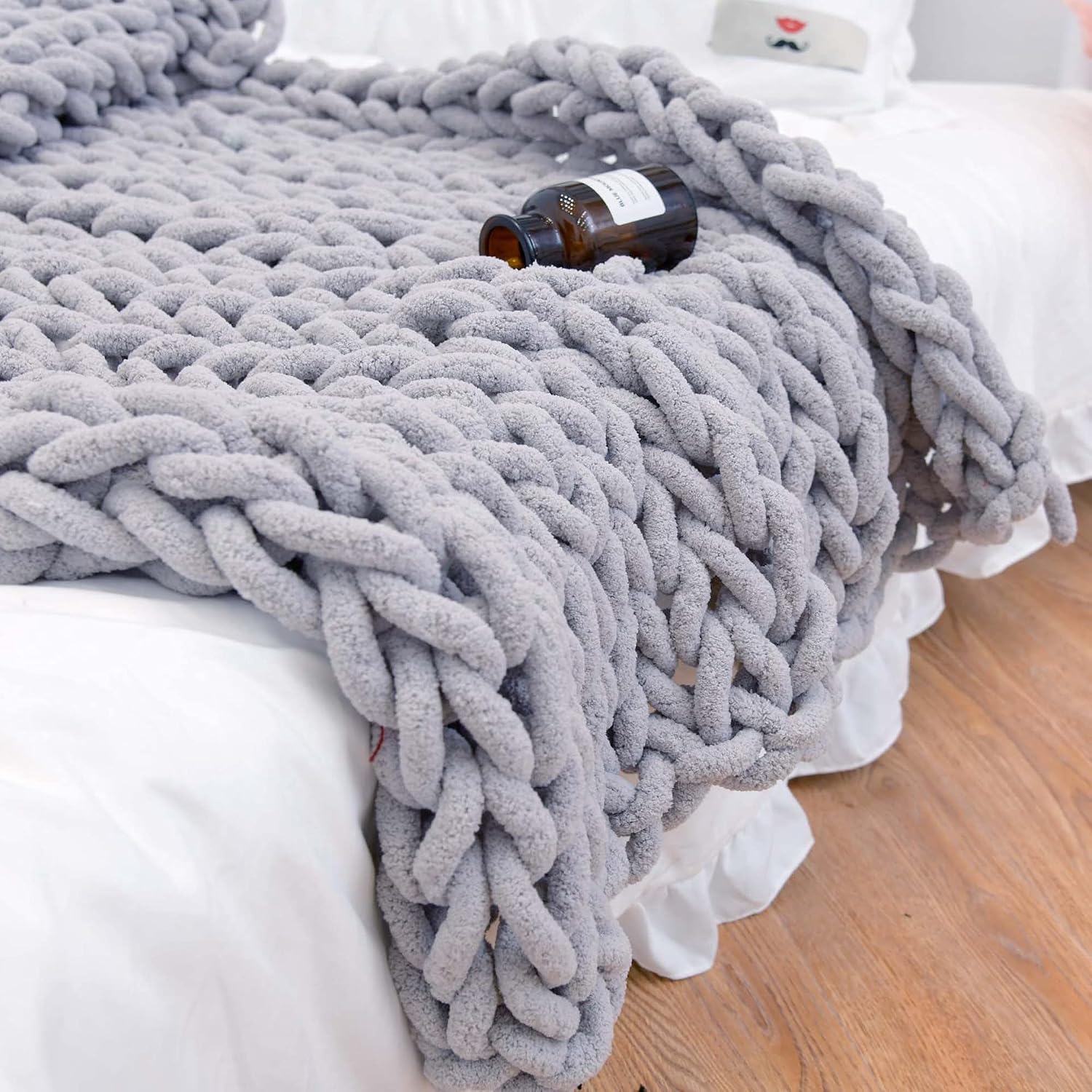 Gray Jumbo Chenille Chunky Knit Throw Blanket 40x40