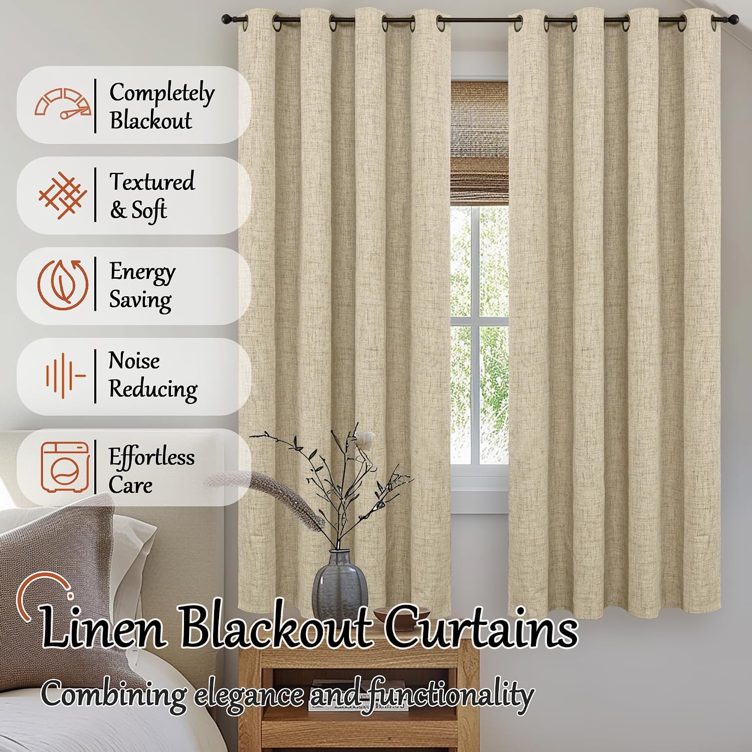 Burlap Blackout Grommet Curtains 72" 2 Panels
