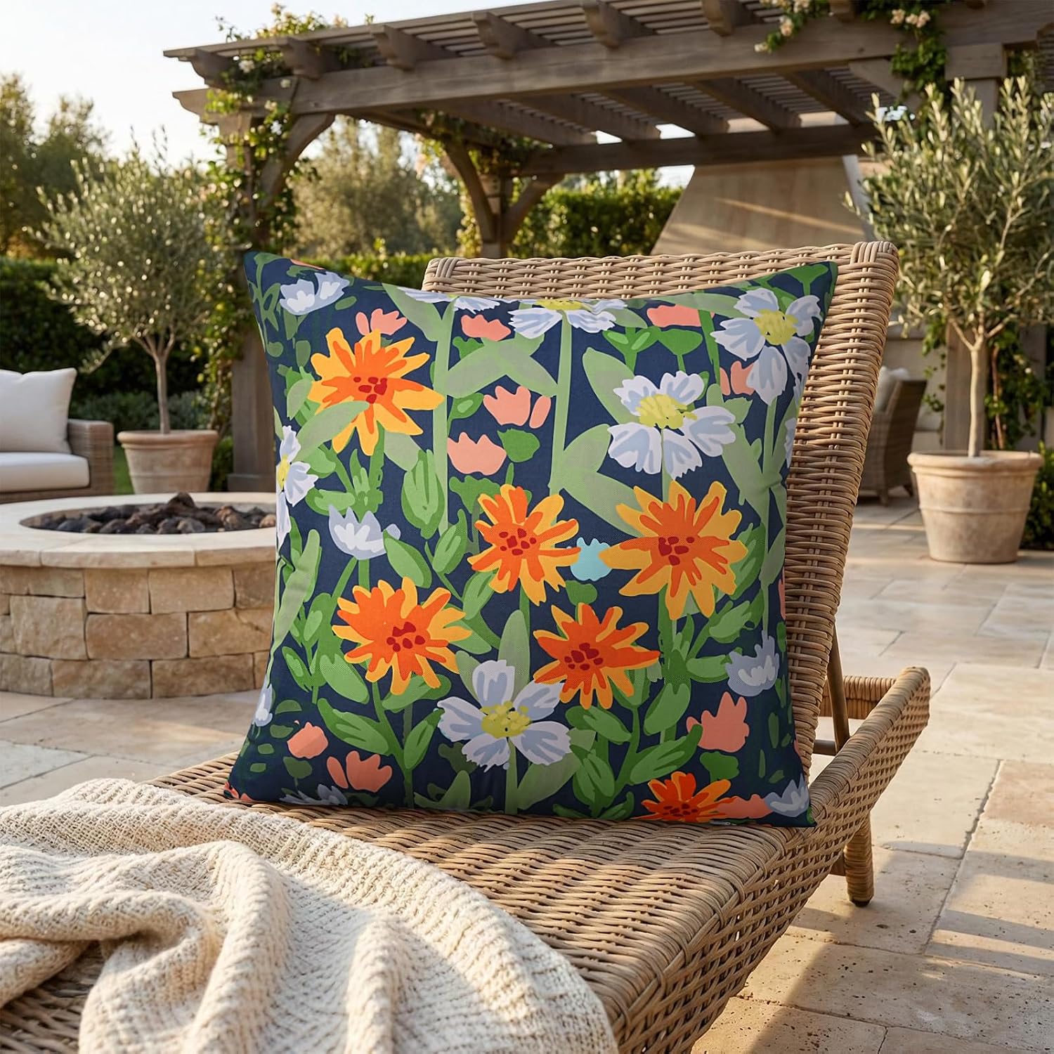 Navy Floral 2-Pack Waterproof Outdoor Pillow Covers 18x18
