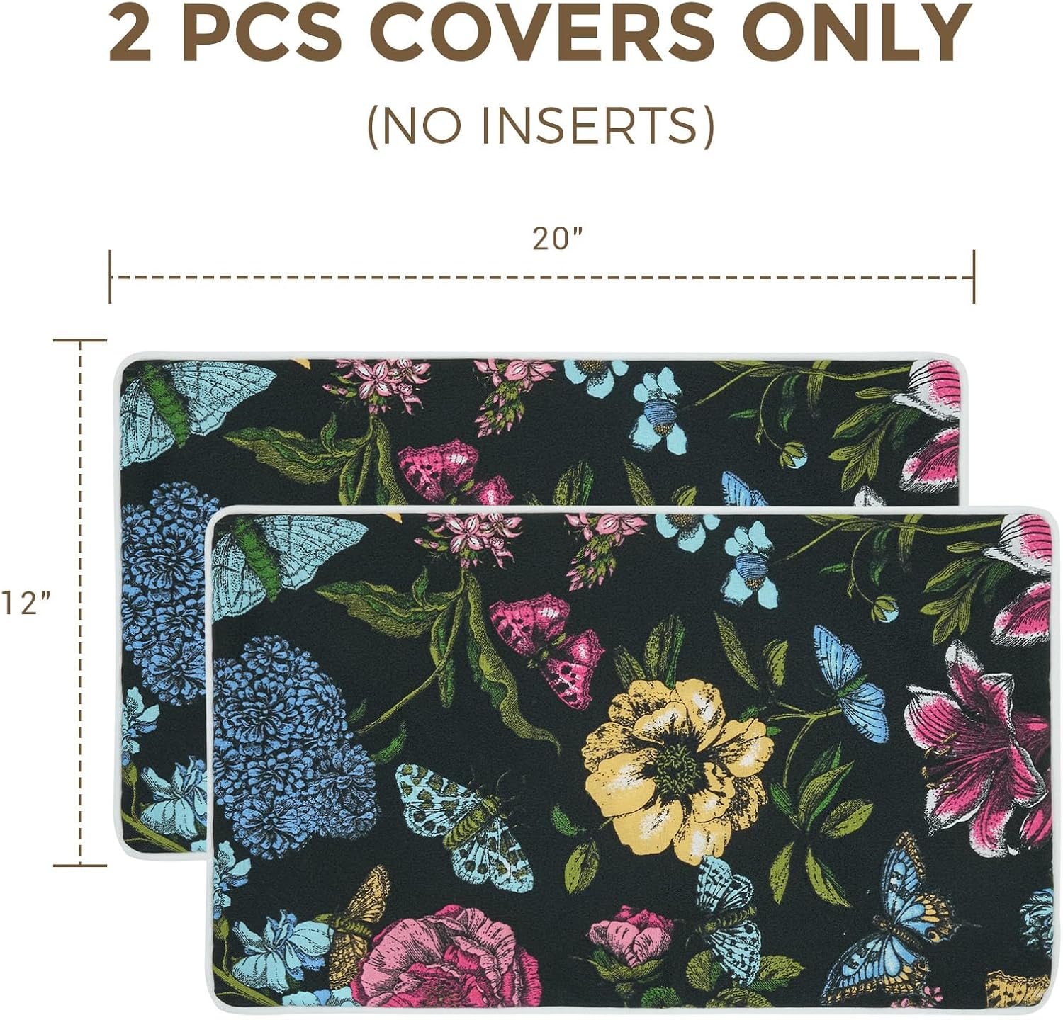 Black Butterfly Floral 2-Pack Waterproof Lumbar Pillow Covers 12x20