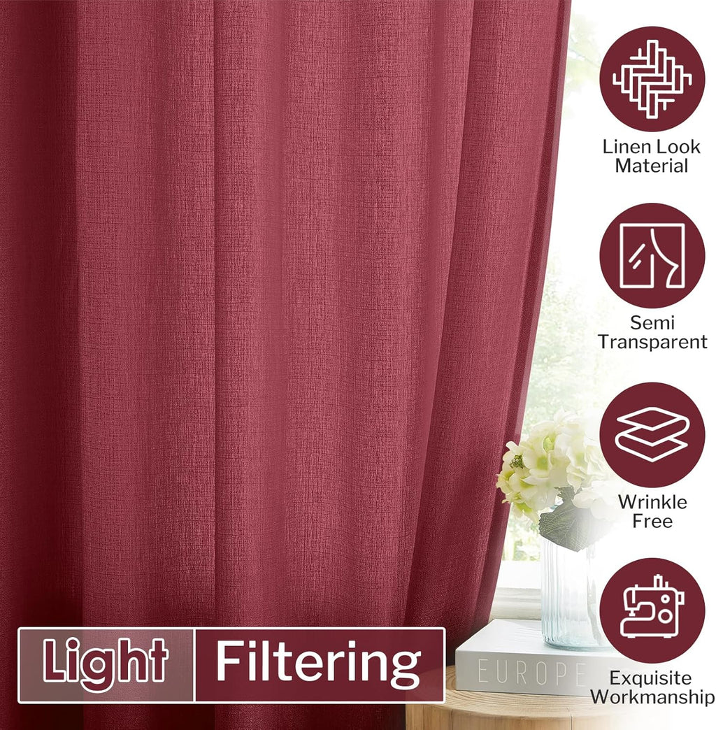 Burgundy Faux Linen Light Filtering Sheer Curtains 52x96 Set of 2