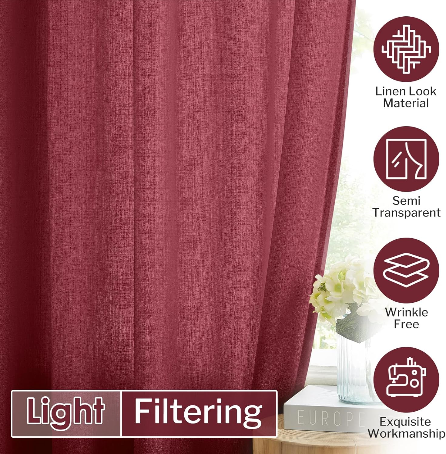 Burgundy Faux Linen Light Filtering Sheer Curtains 52x96 Set of 2