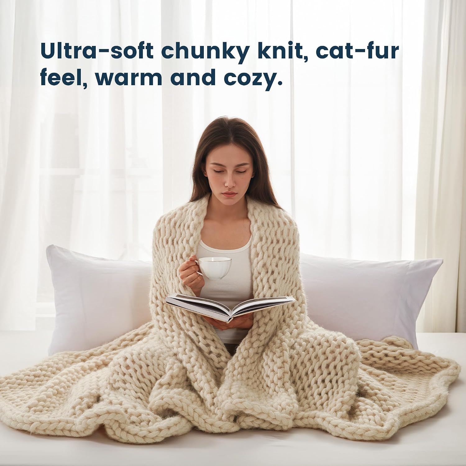 Beige Chunky Knit Soft Throw Blanket 40x50in
