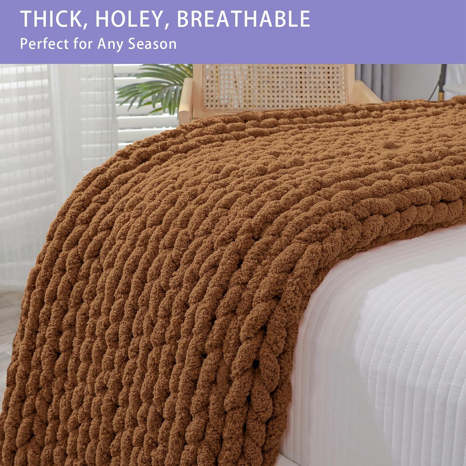Caramel Jumbo Chenille Chunky Knit Throw Blanket 51x63