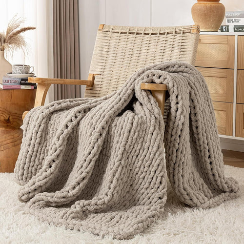 Beige Chenille Cable Knit Throw Blanket 50x60