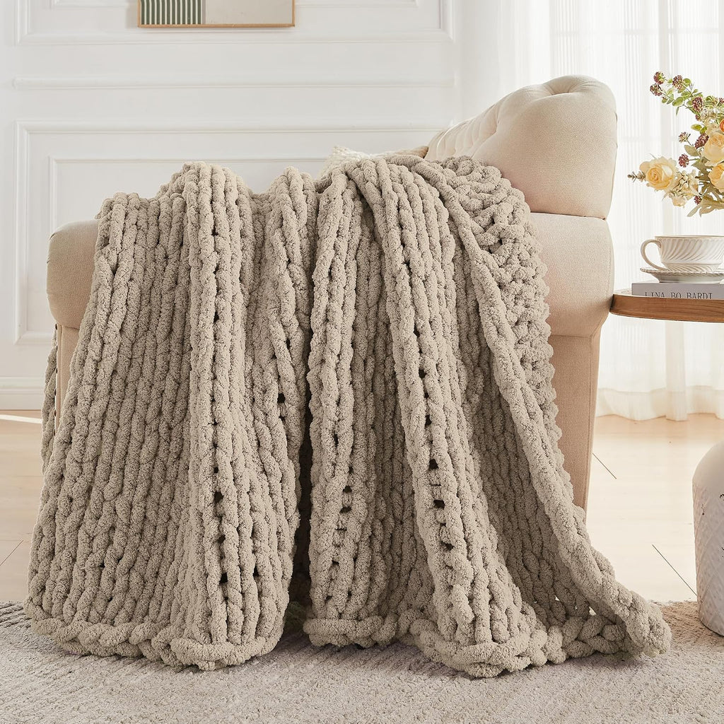 Taupe Handmade Chunky Cable Knit Throw Blanket 50x60