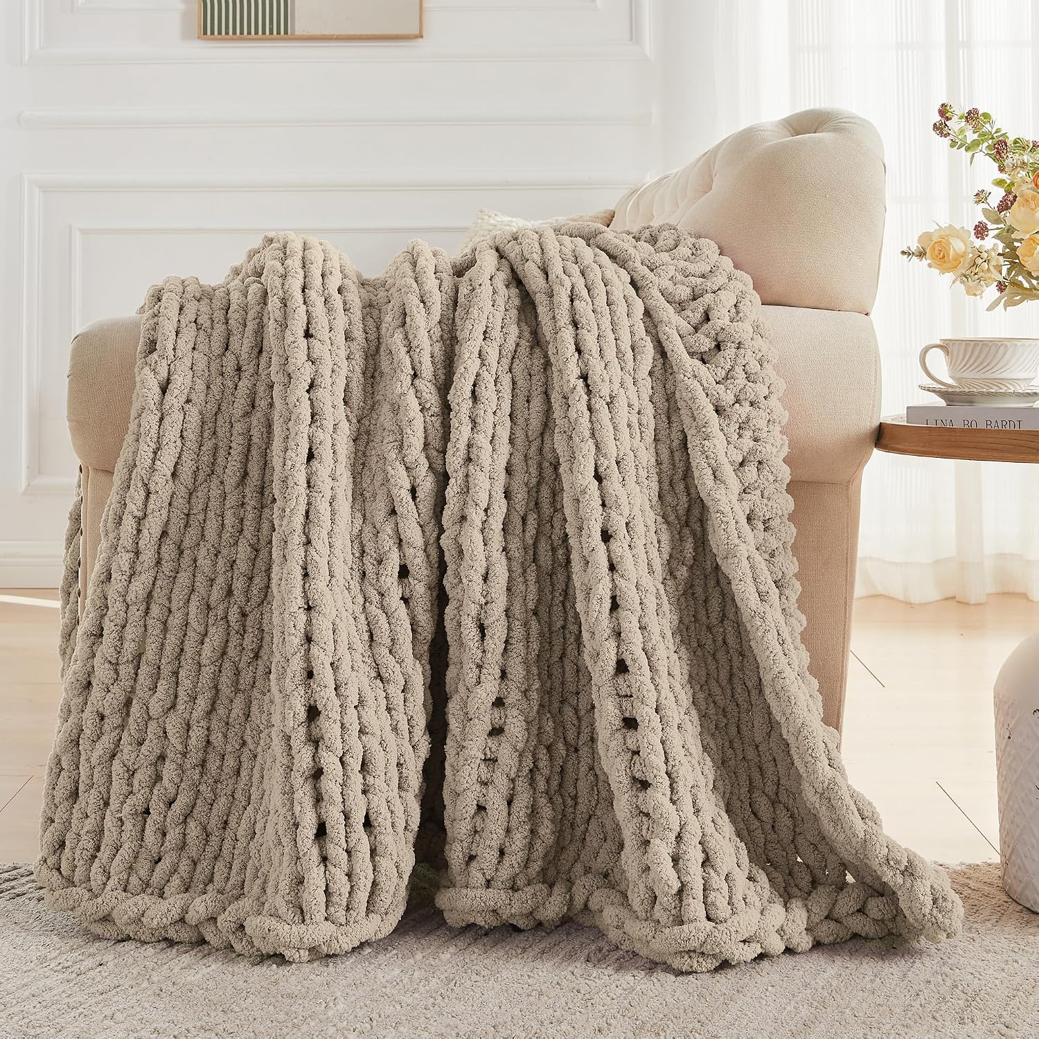 Taupe Handmade Chunky Cable Knit Throw Blanket 50x60