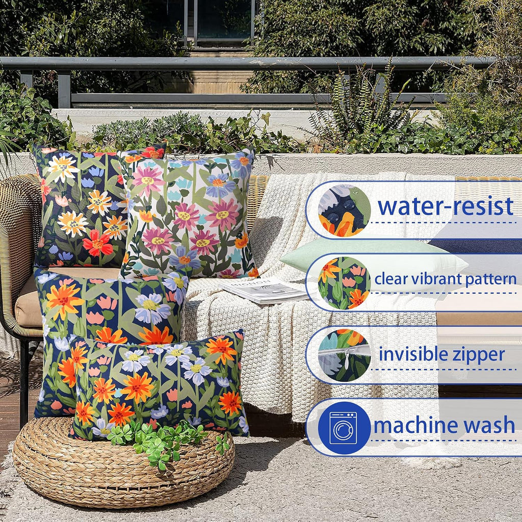 Navy Floral 2-Pack Waterproof Outdoor Pillow Covers 18x18
