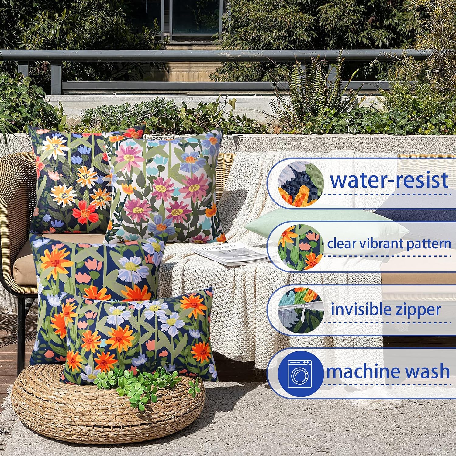 Navy Floral 2-Pack Waterproof Outdoor Pillow Covers 18x18