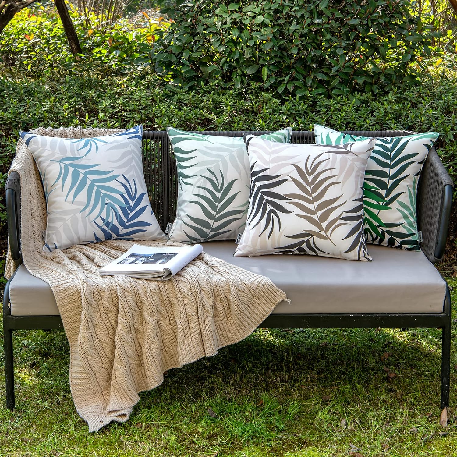 Blue Leaf Pattern 2-Pack Waterproof Outdoor Pillow Covers 18x18
