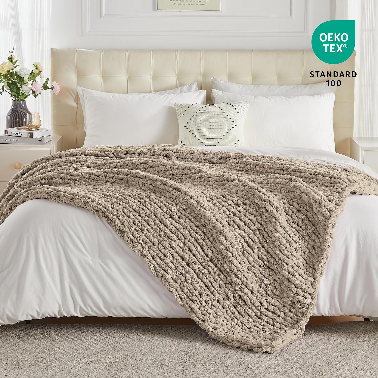 Taupe Handmade Chunky Cable Knit Throw Blanket 50x60