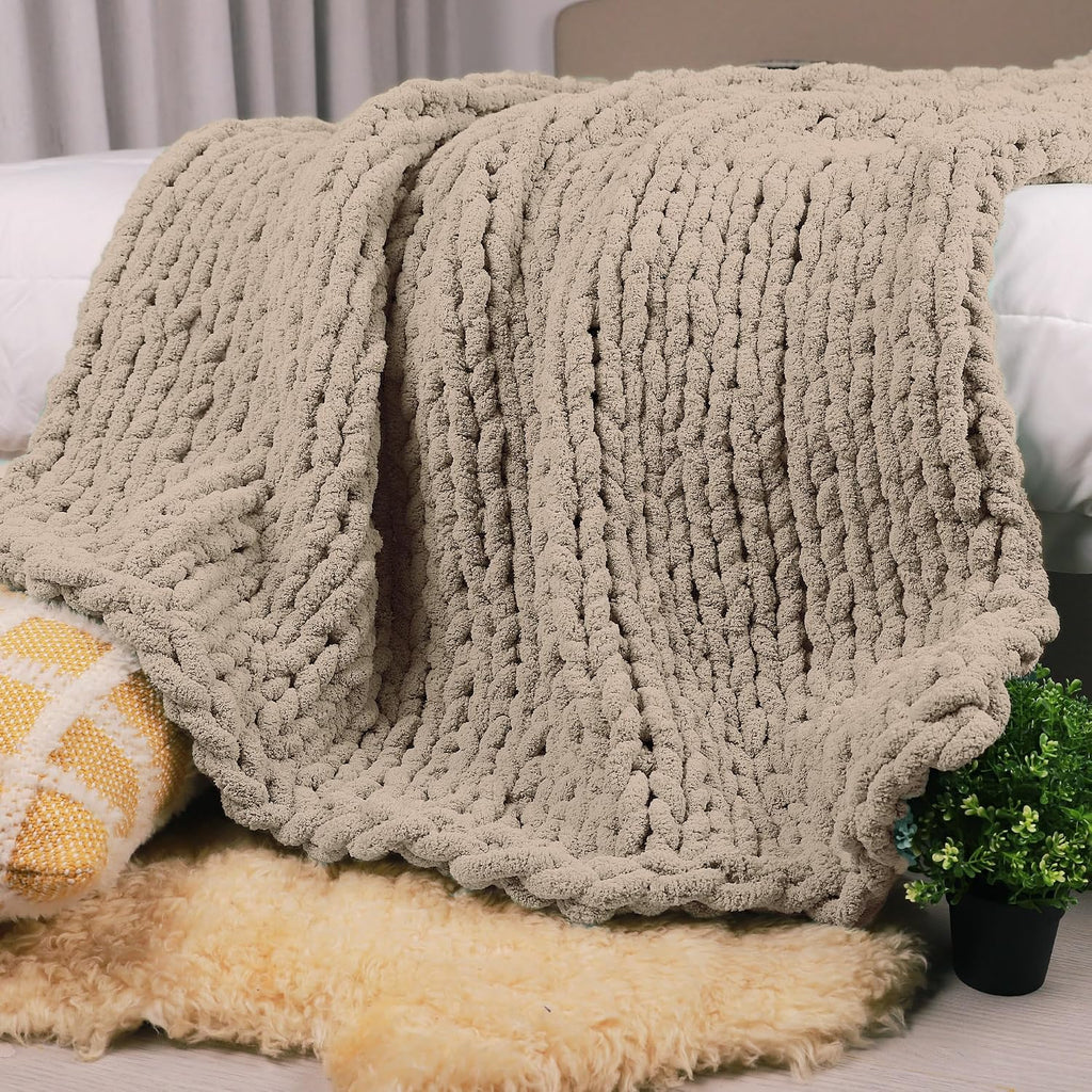 Taupe Handmade Chunky Cable Knit Throw Blanket 50x60