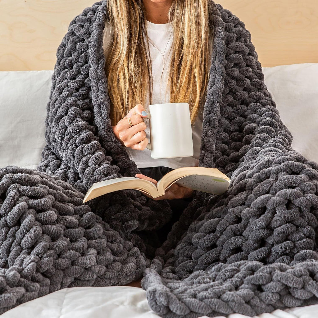 Graphite Gray Chunky Cable Knit Throw Blanket 50x60