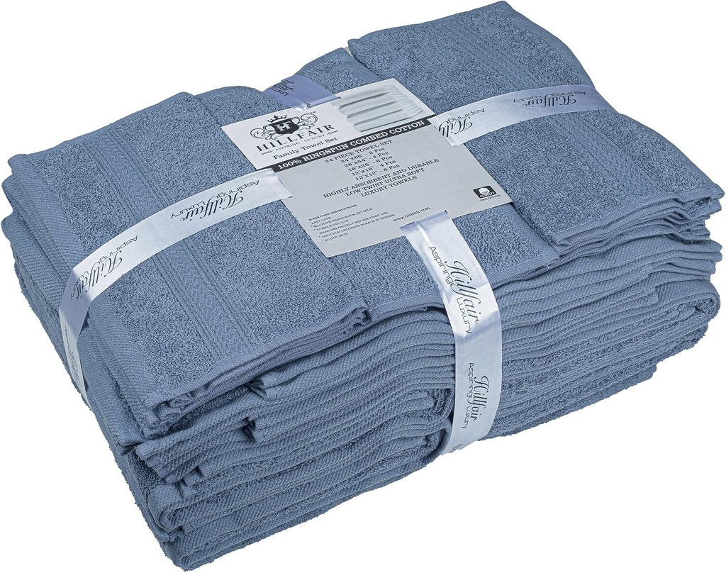 Blue 24-Piece Bulk Cotton Bath Towel Set